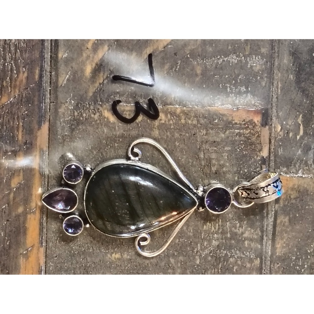 925 Sterling Silver Labradorite & Amethyst Pear Cabochon Artisan Pendant 12.6g